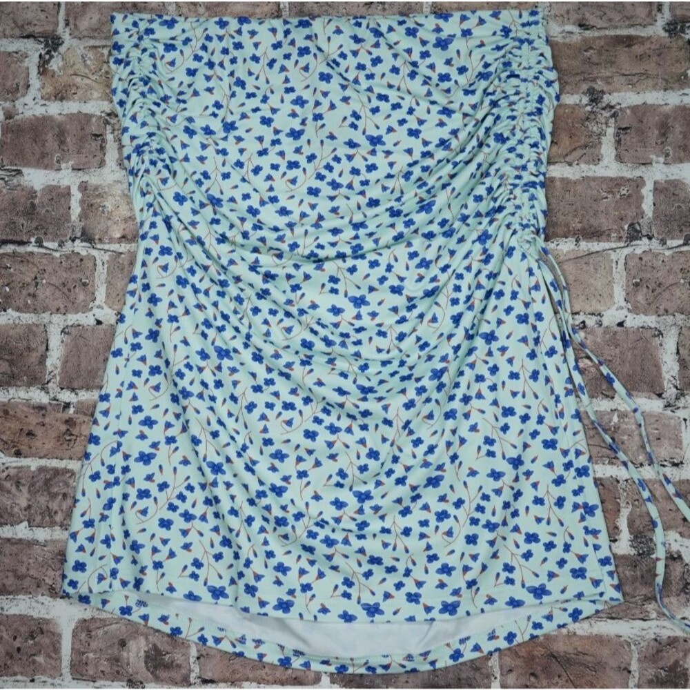 NWT Wild Fable Blue Floral Cinch Midi Skirt Women's Large Bodycon Ruched Summer